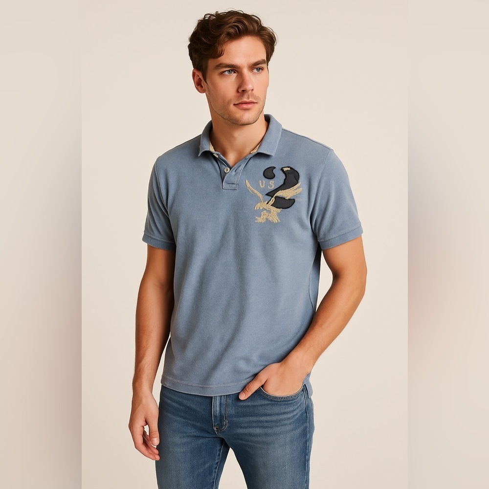 EUC VTG American Eagle Outfitters Vintage Fit Light Blue Embroidered Polo Sz Lg